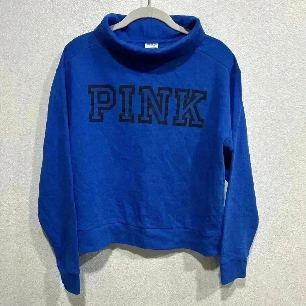 Victorias Secret PINK Sweatshirt Womens XS Blue Logo Graphic Cowl Collar xs